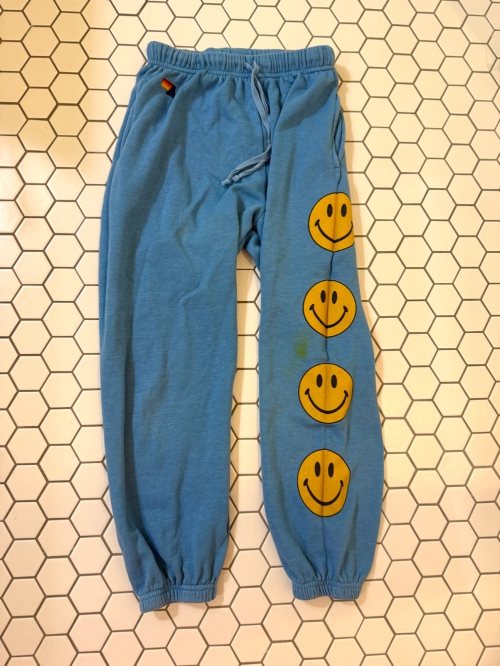 Aviator Nation Blue Sweatpants with Yellow Smiley Faces
